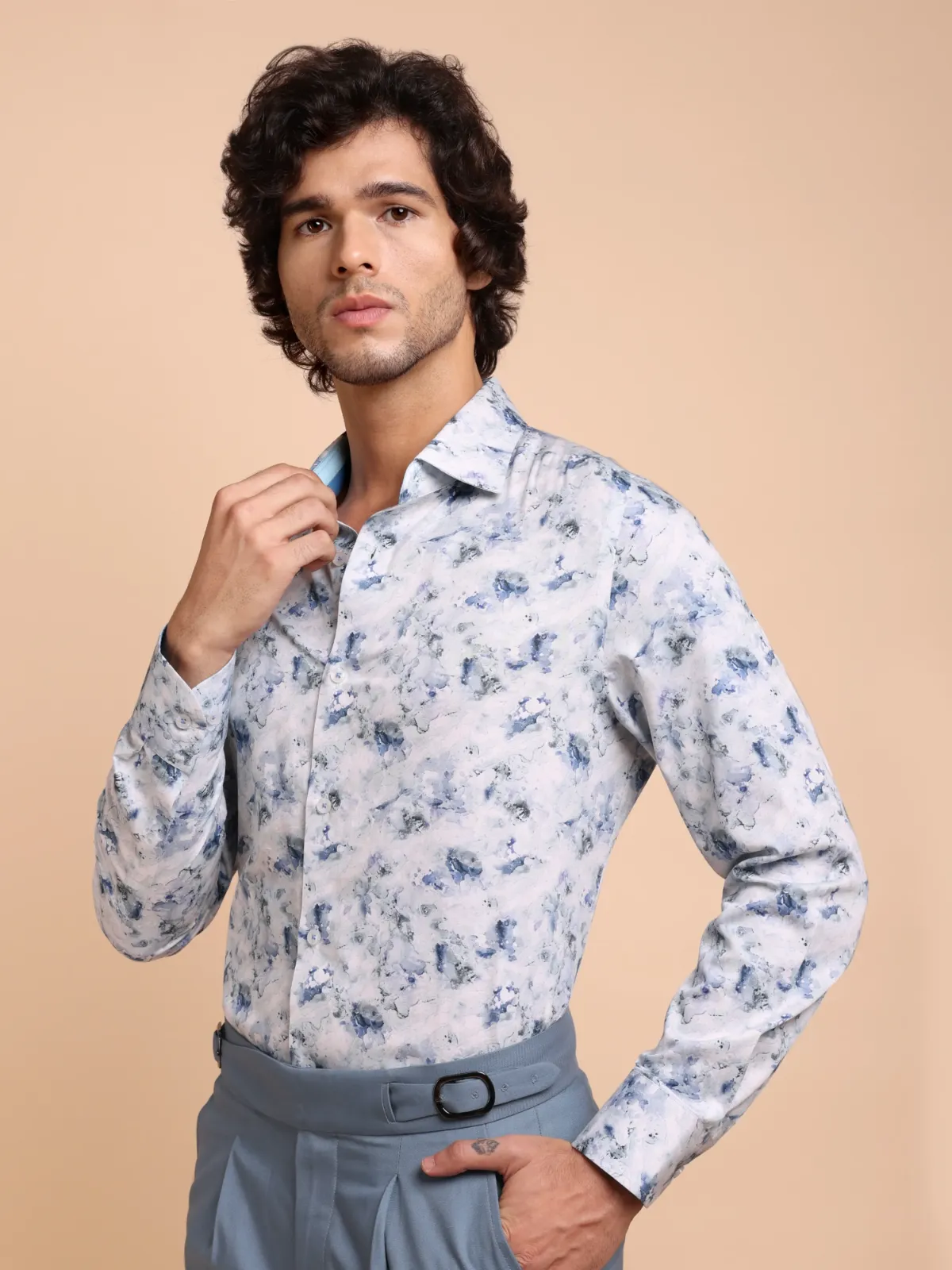 Abstract Print Blue Marble Shirt - Plain Weave