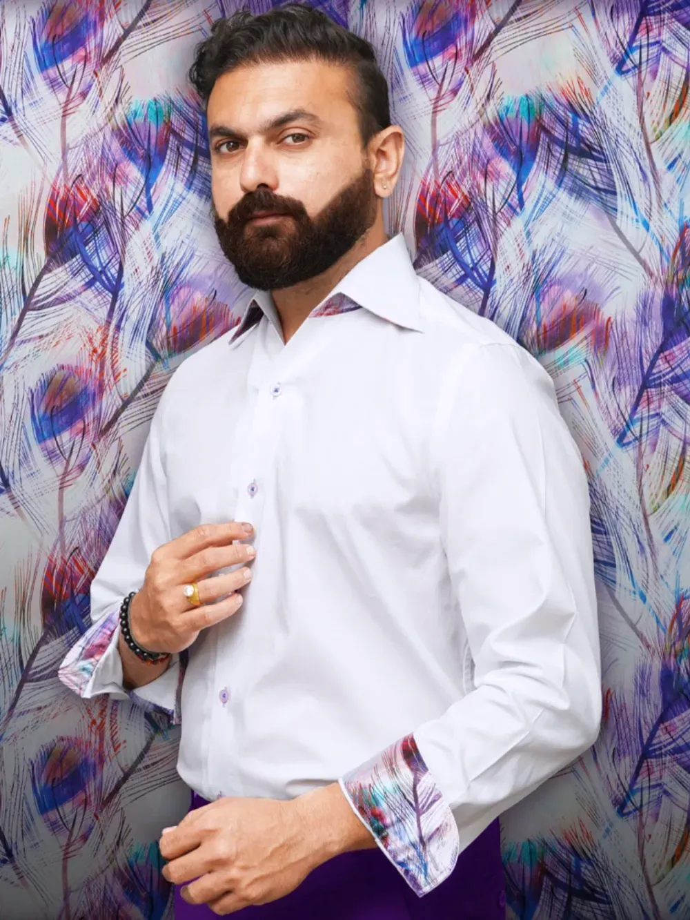 Signature Satin California Collar Shirt- Feathers