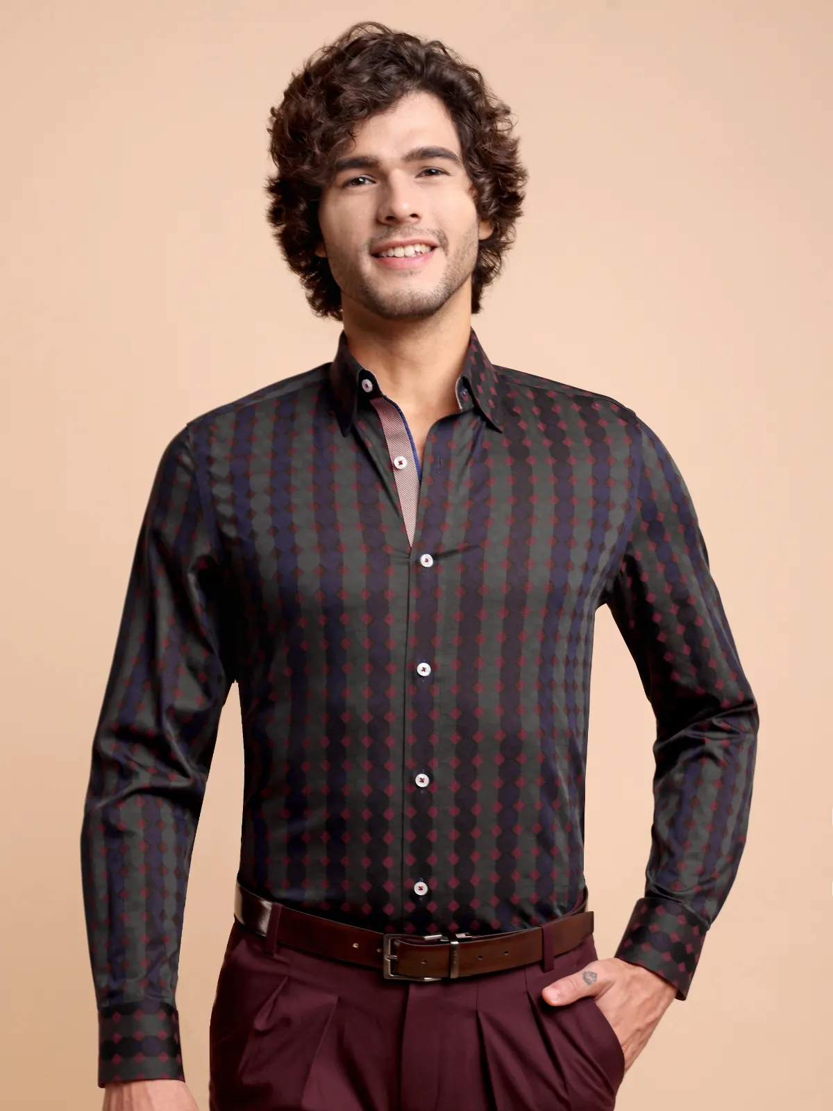 Pure Cotton Yarn-Dyed Shirt with Woven Diamond Pattern - Satin weave