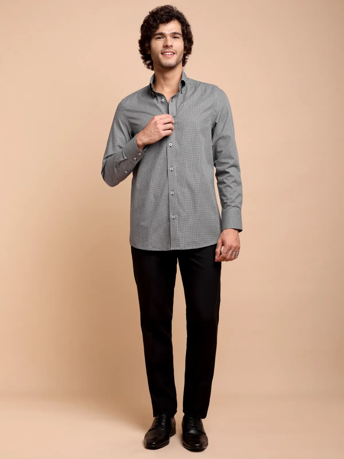 Non Iron Cotton Bear Hound's Tooth Shirt - Twill weave