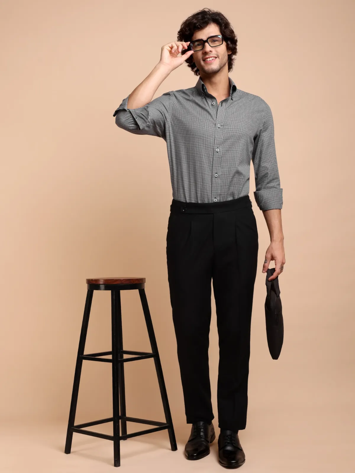 Non Iron Cotton Bear Hound's Tooth Shirt - Twill weave