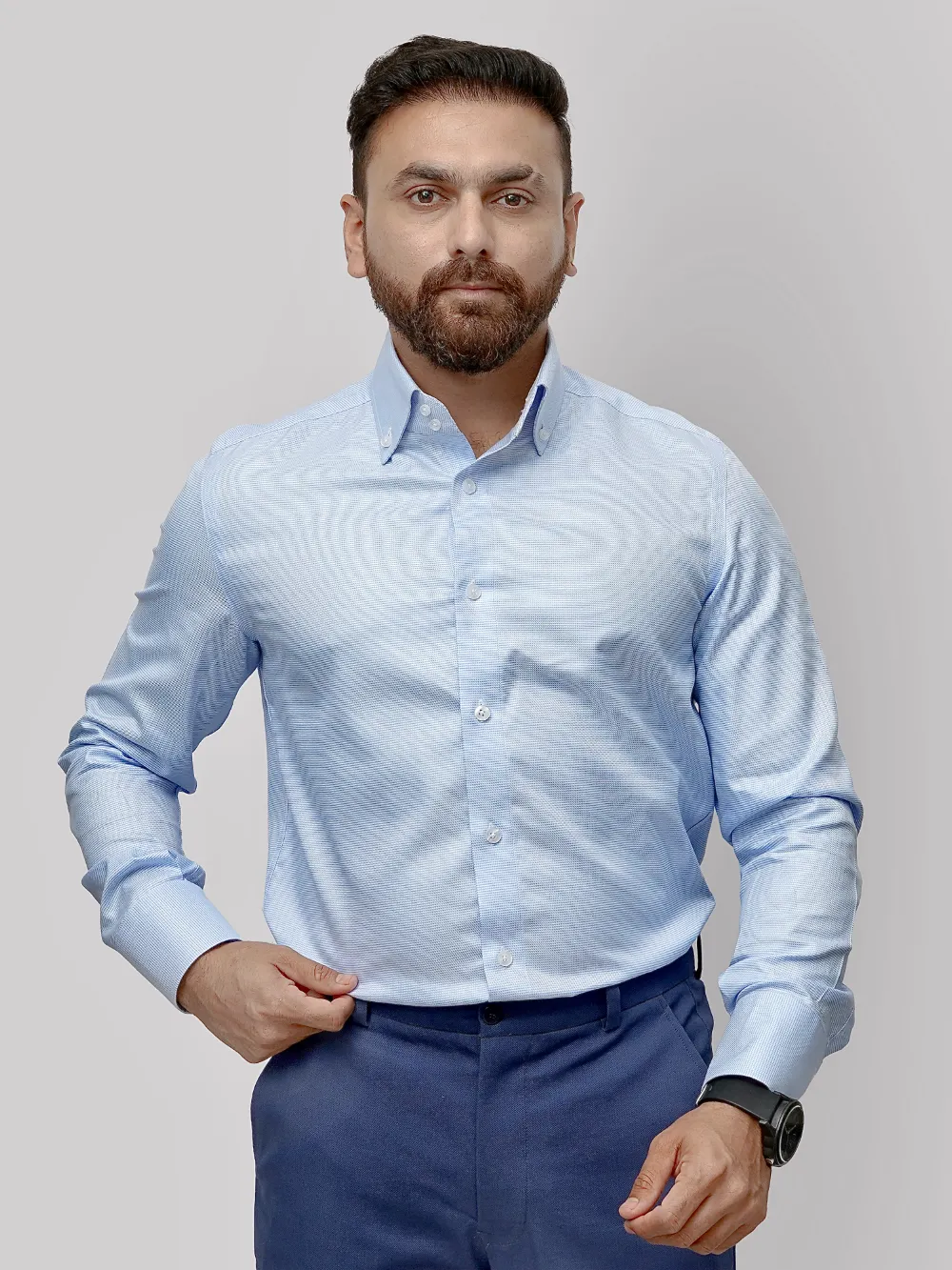 Non-Iron 100% Cotton Light Blue Shirt - Hound's Tooth