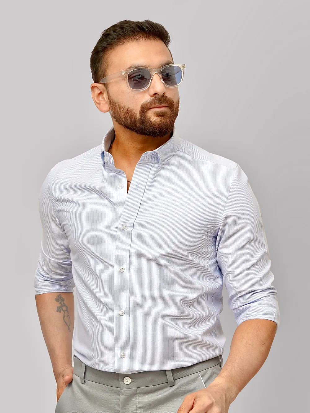 Oxford Button down Collar Shirt-Blue Pin Stripes