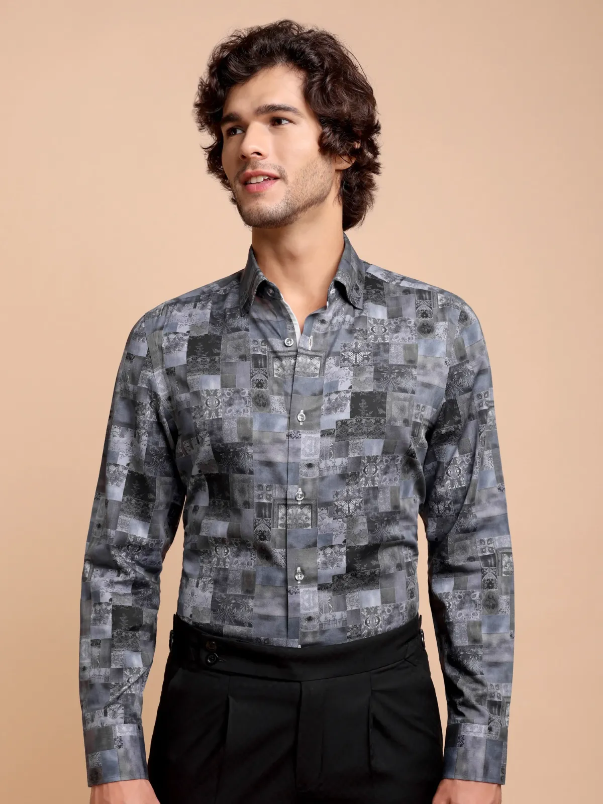 Pure Cotton Abstract Patches Shirt with Contrast Purple