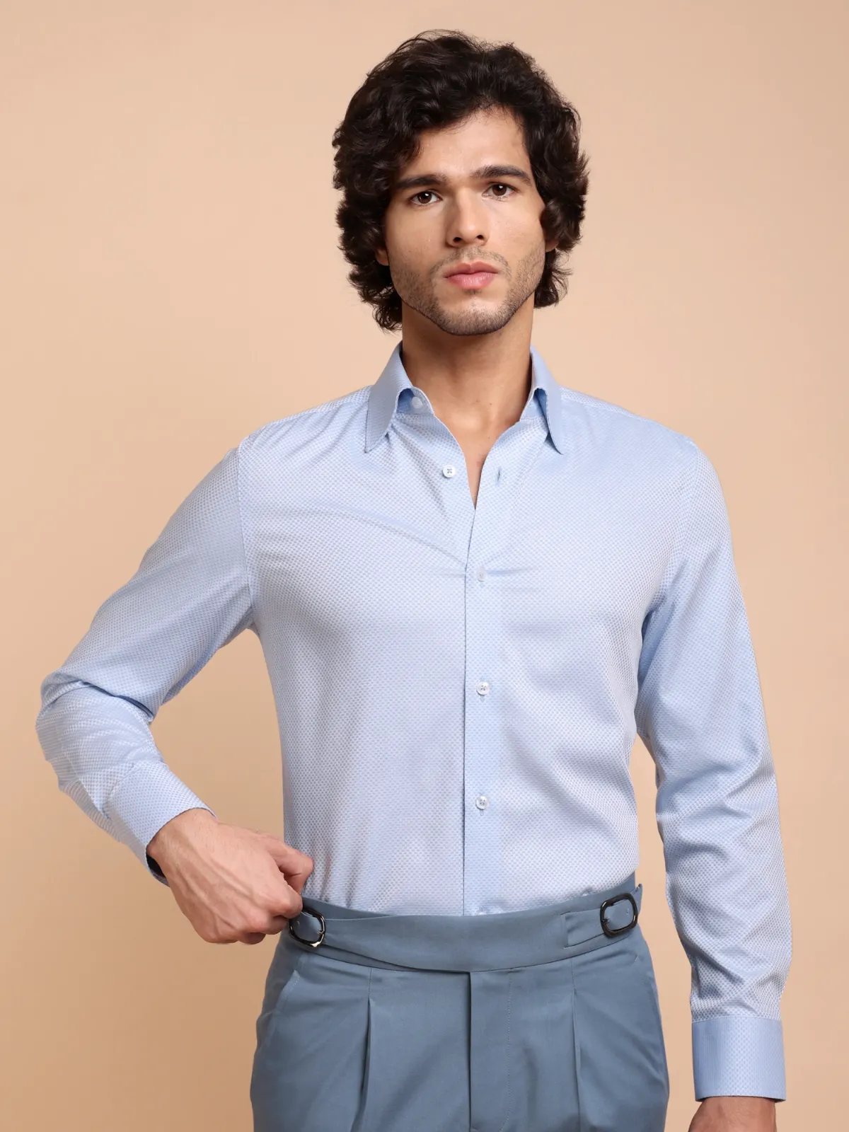 Pure Cotton Non Iron Sky Checkerboard Shirt - Dobby weave