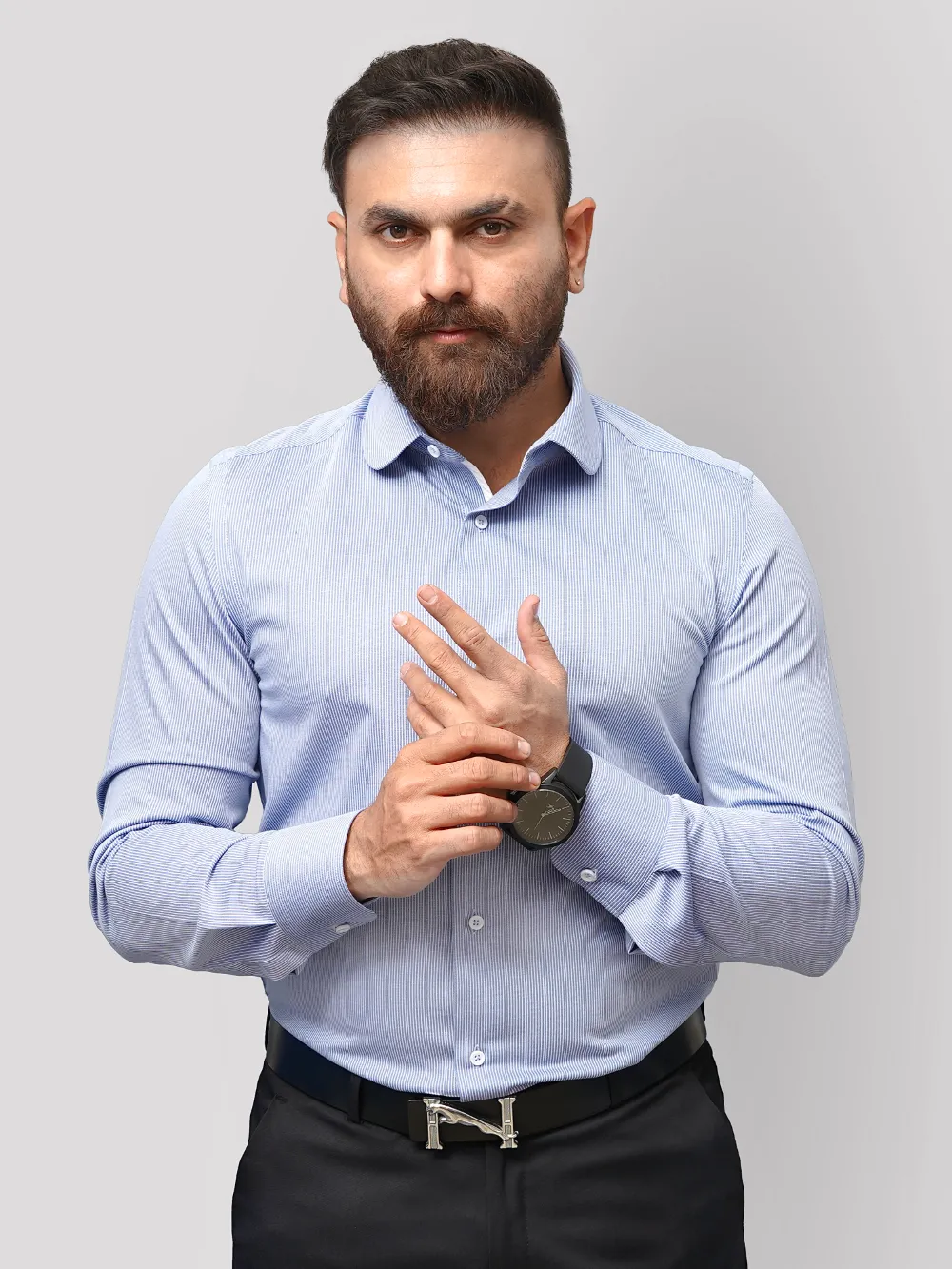 100% Cotton - Stretch Sky Mist with White Stripe Shirt