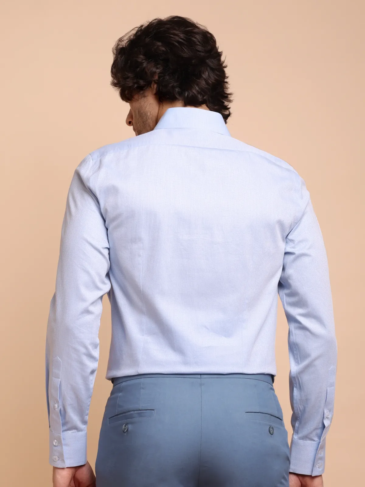 Pure Cotton Non Iron Sky Subtle Checked Shirt - Dobby weave