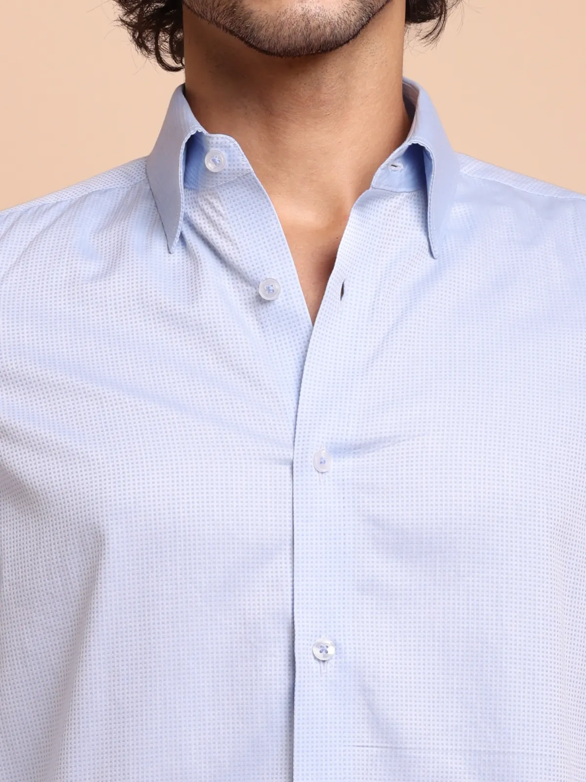 Pure Cotton Non Iron Sky Subtle Checked Shirt - Dobby weave