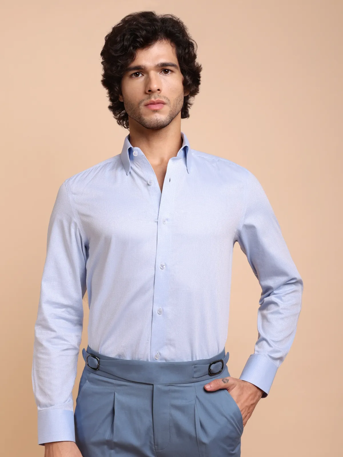 Pure Cotton Non Iron Sky Subtle Checked Shirt - Dobby weave