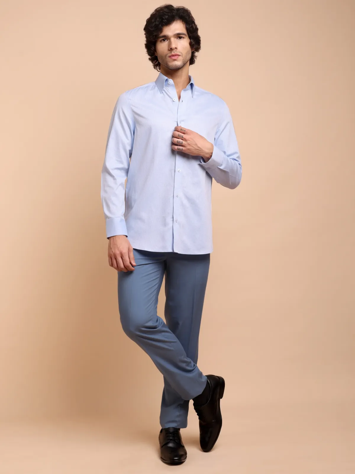 Pure Cotton Non Iron Sky Subtle Checked Shirt - Dobby weave
