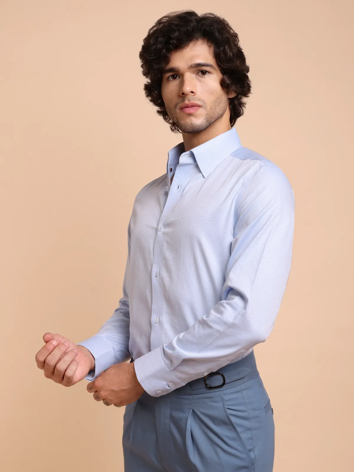 Pure Cotton Non Iron Sky Subtle Checked Shirt - Dobby weave