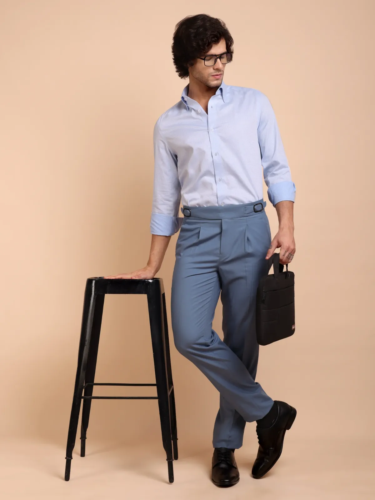 Pure Cotton Non Iron Sky Subtle Checked Shirt - Dobby weave