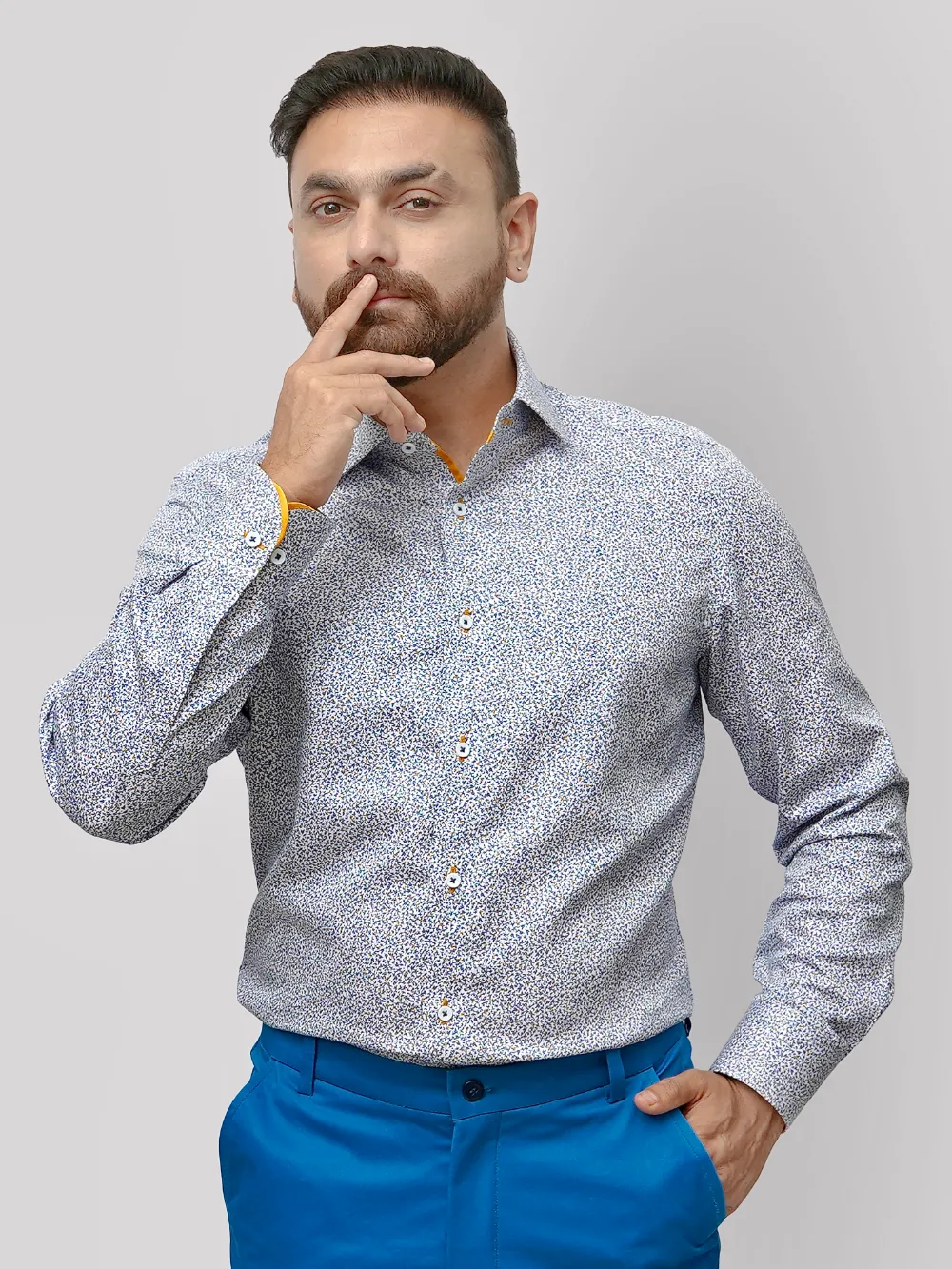 Pure Cotton Micro Blue Floral Shirt - Twill Weave