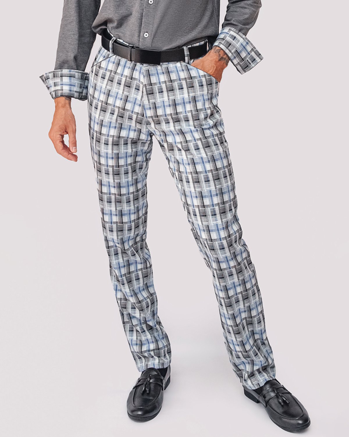 Luxury Viscose Trousers with Plaid Weave - White, Sky and Black