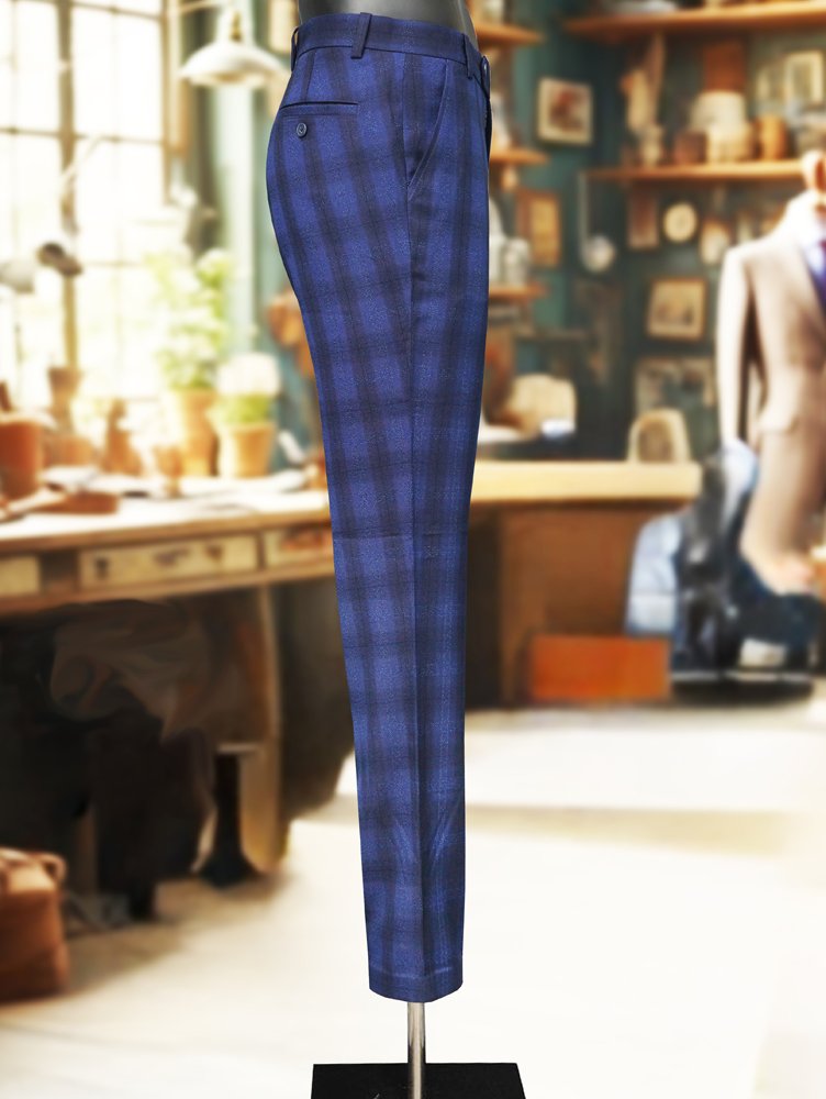 Premium Viscose Fabric Trousers with Grid Pattern - Royal Blue and Nevy