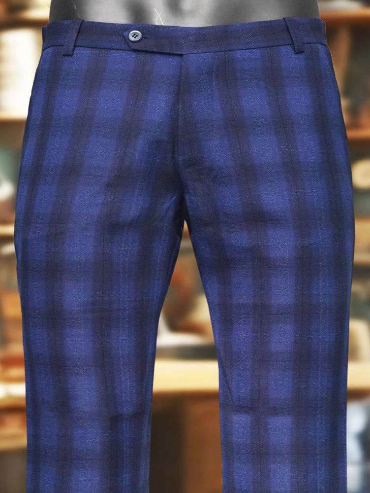 Premium Viscose Fabric Trousers with Grid Pattern - Royal Blue and Nevy