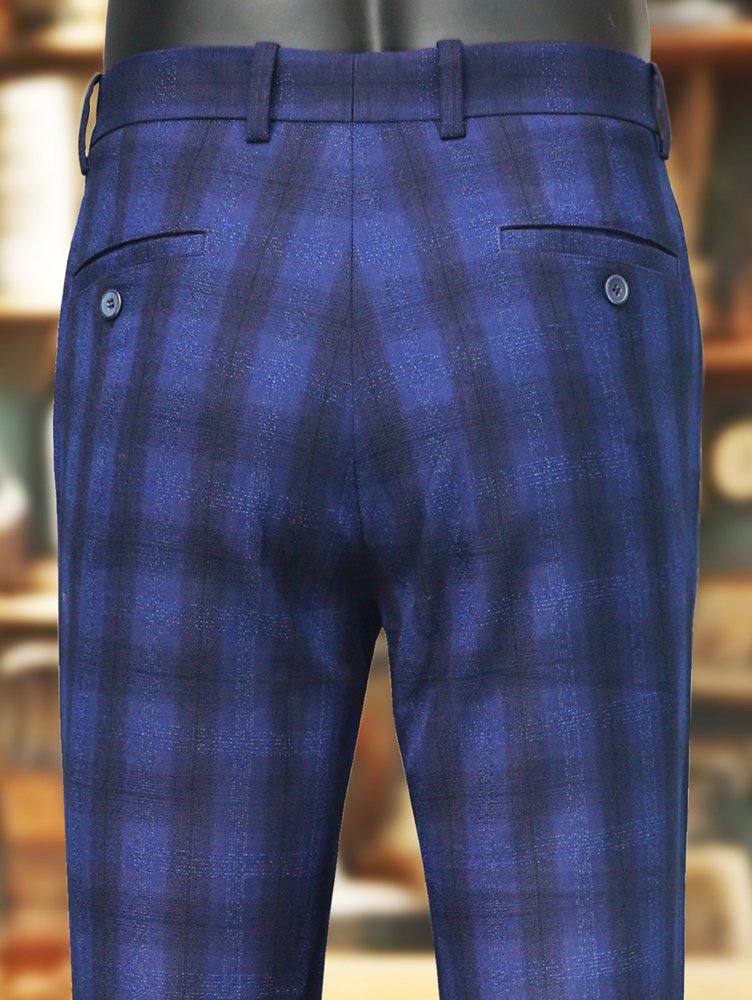 Premium Viscose Fabric Trousers with Grid Pattern - Royal Blue and Nevy