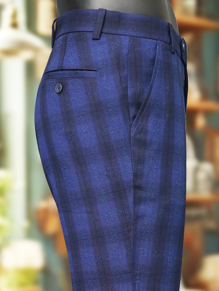 Premium Viscose Fabric Trousers with Grid Pattern - Royal Blue and Nevy