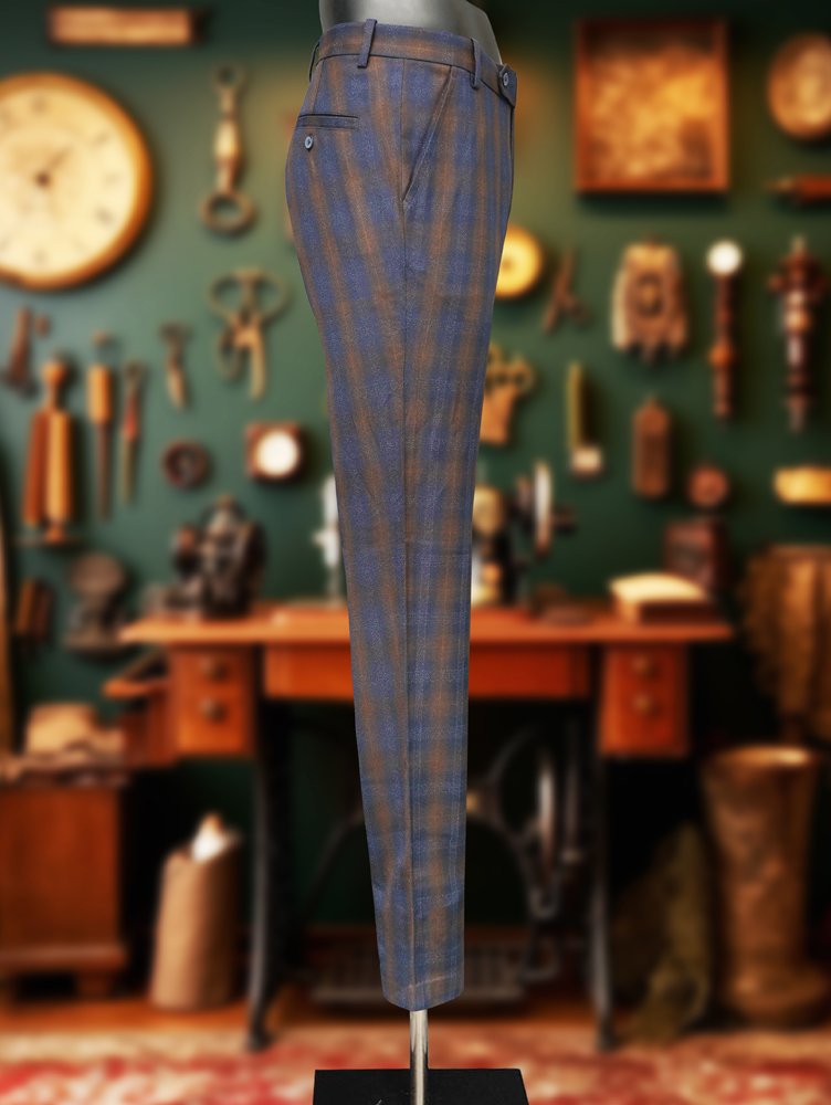 Premium Viscose Fabric Trousers with Grid Pattern - Peach and Indigo