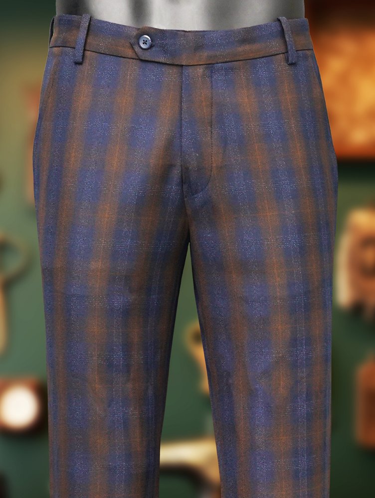 Premium Viscose Fabric Trousers with Grid Pattern - Peach and Indigo