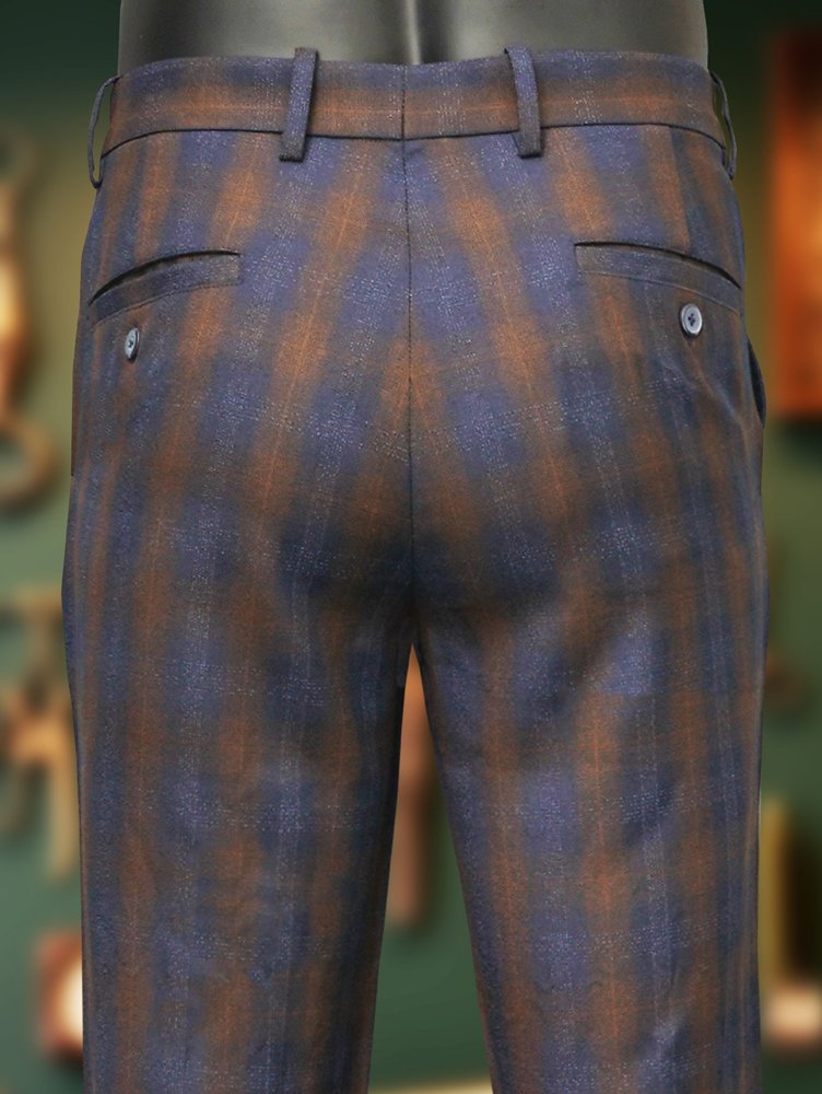Premium Viscose Fabric Trousers with Grid Pattern - Peach and Indigo