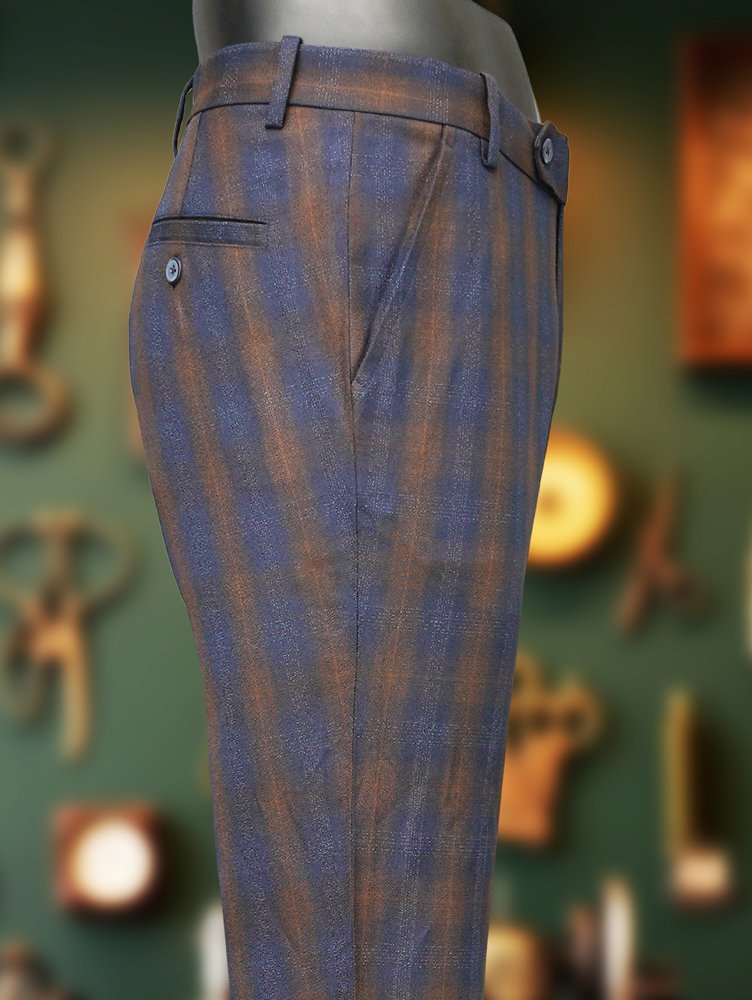 Premium Viscose Fabric Trousers with Grid Pattern - Peach and Indigo
