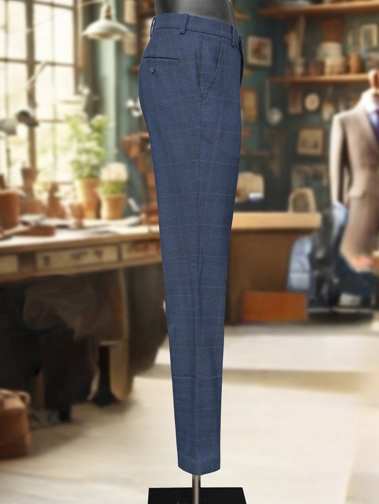 Luxury Viscose Trousers with Checked Pattern - Grey Royal Blue