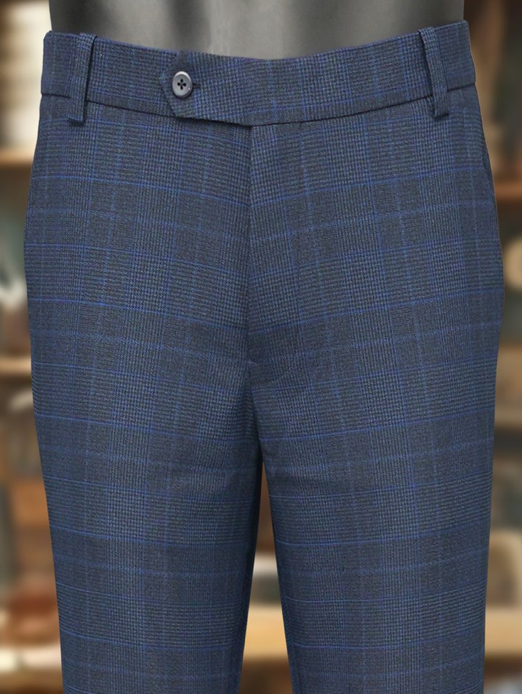 Luxury Viscose Trousers with Checked Pattern - Grey Royal Blue