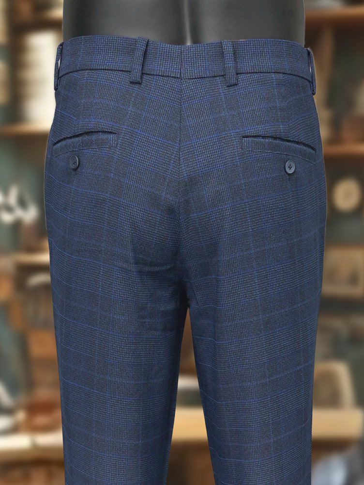 Luxury Viscose Trousers with Checked Pattern - Grey Royal Blue