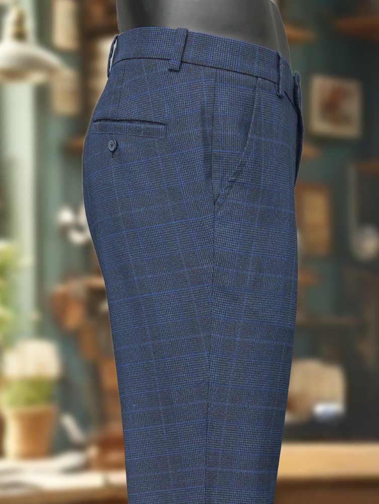Luxury Viscose Trousers with Checked Pattern - Grey Royal Blue
