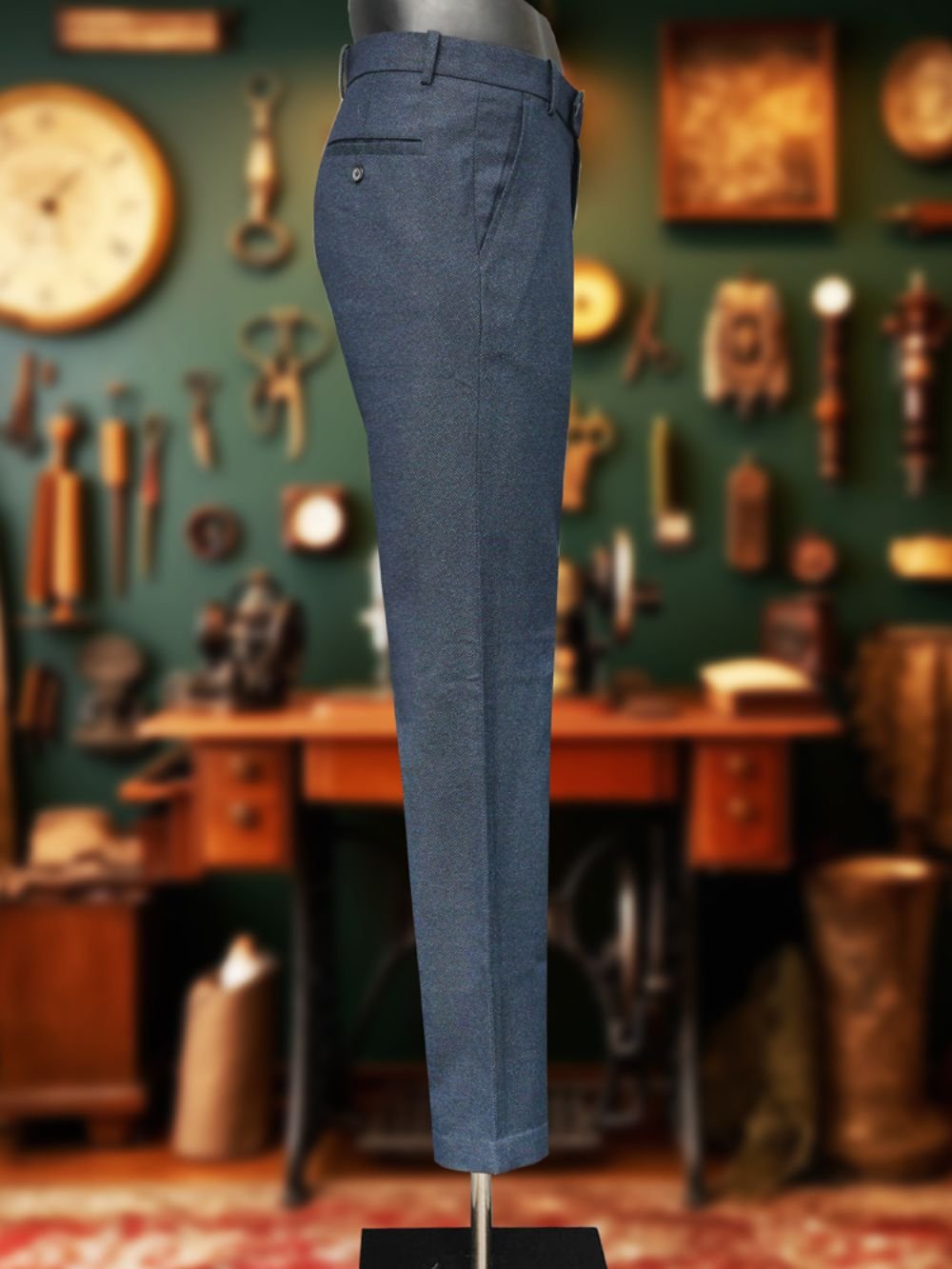 Luxury Wool Polyester Blend Trousers with Dobby Weave - Olive Ink