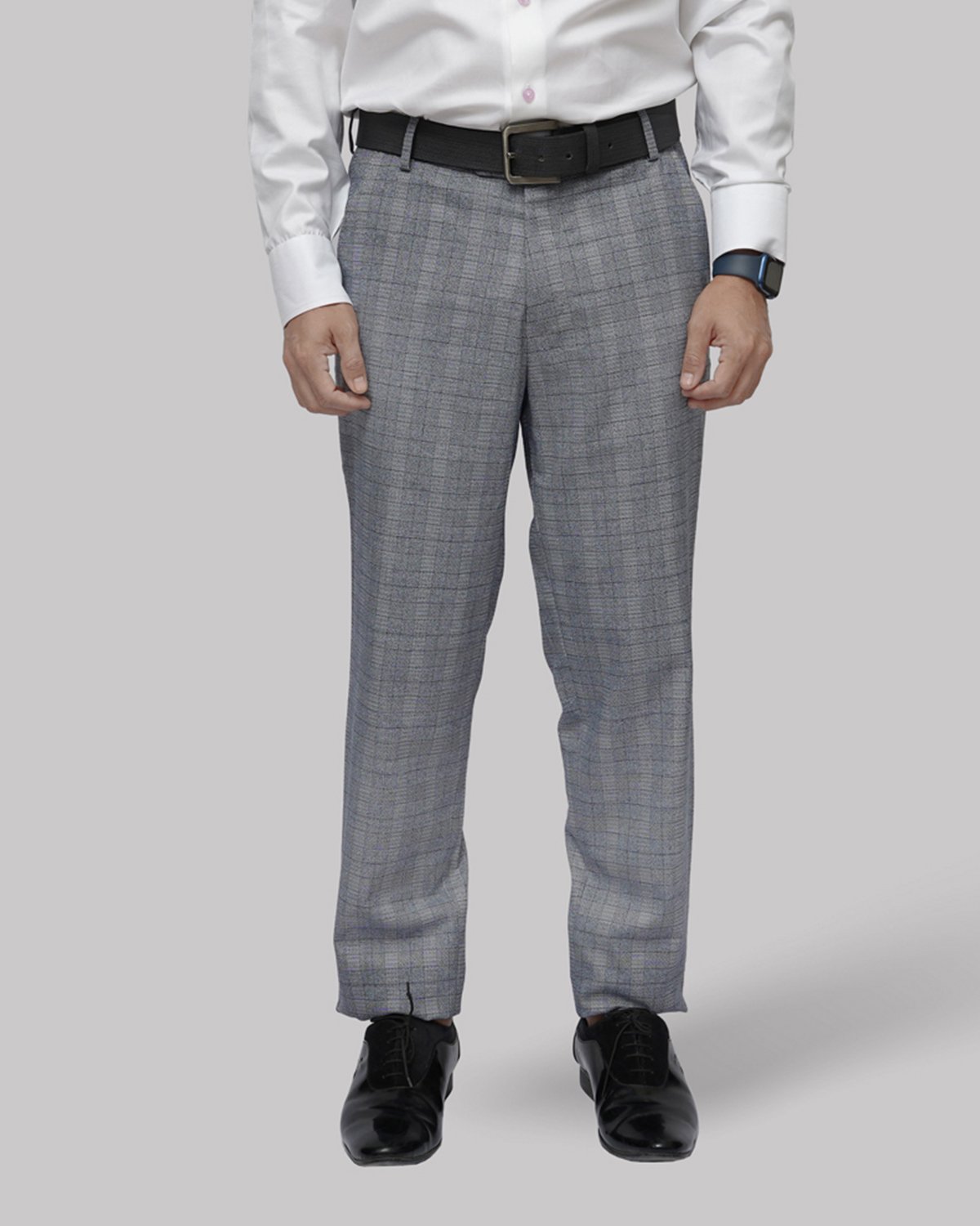 Luxury Wool Polyester Blend Trousers with Plaid Weave - Gray with Black Grid