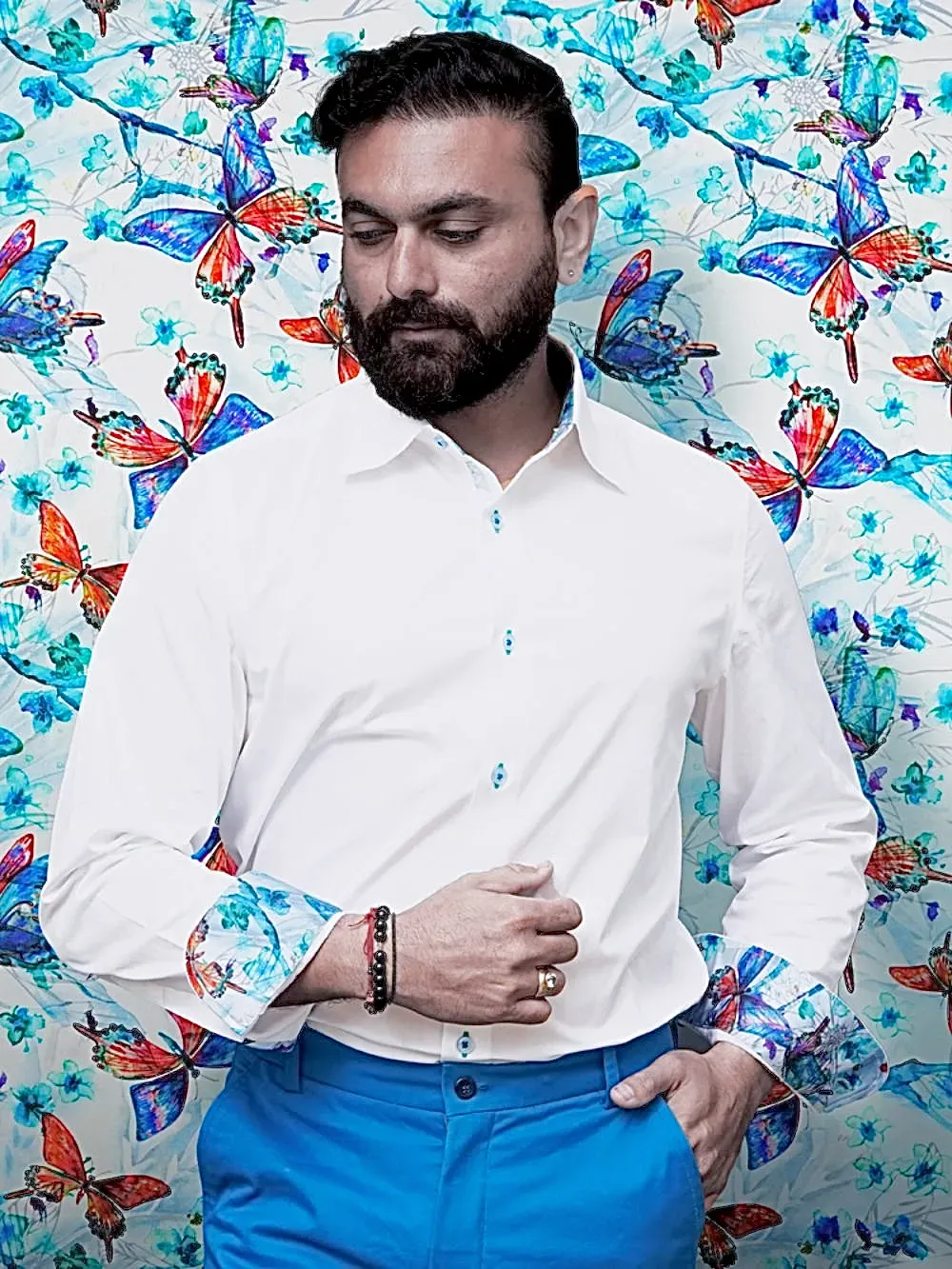 White Shirt with Satin Fabric Blend - Butterflies