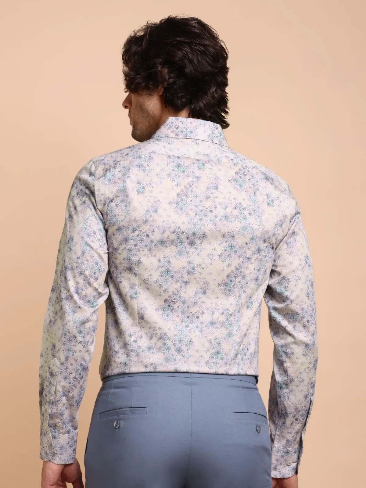 Vintage Vibes on Beige Base - Porcelain Bleu Pure Cotton Shirt