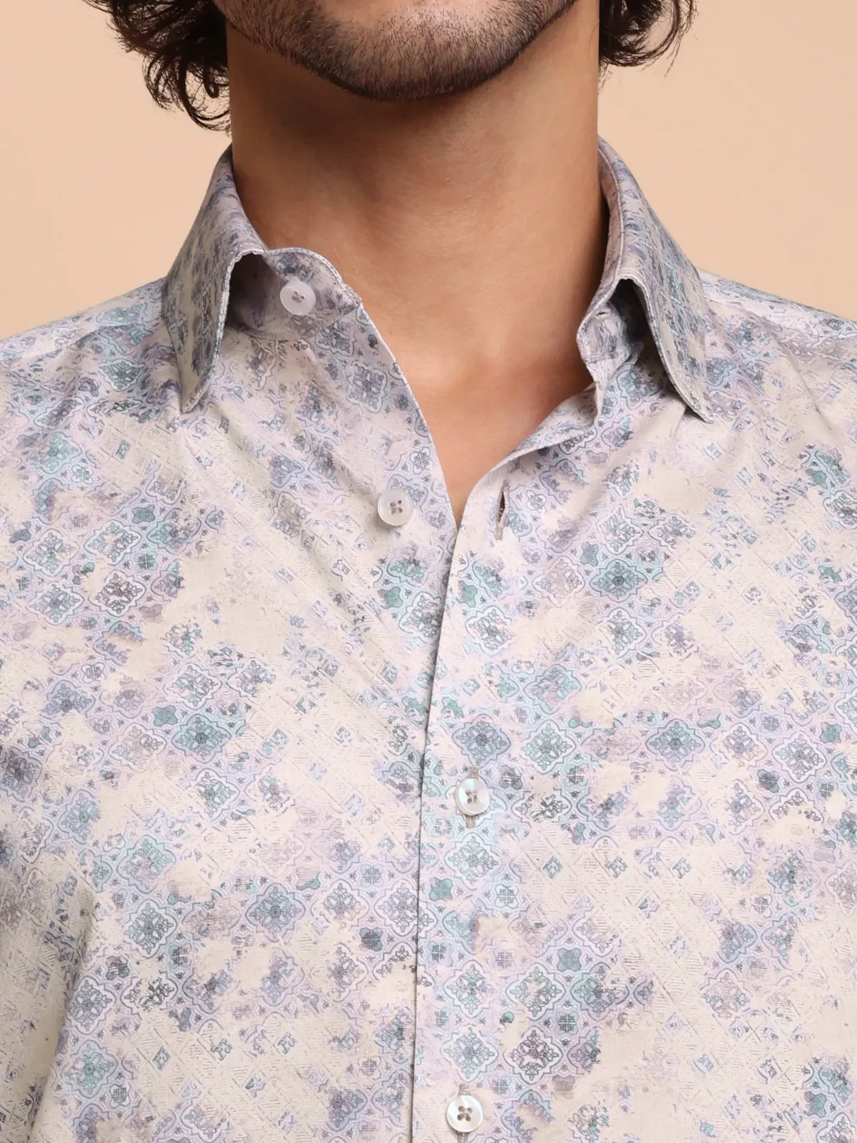 Vintage Vibes on Beige Base - Porcelain Bleu Pure Cotton Shirt