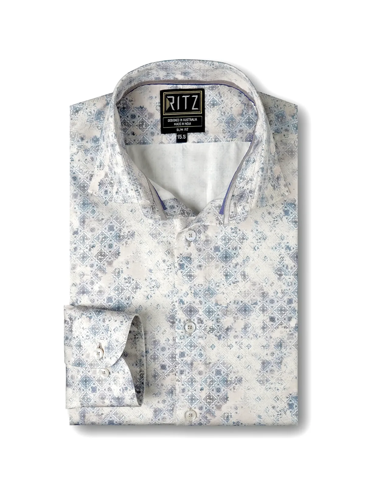 Vintage Vibes on Beige Base - Porcelain Bleu Pure Cotton Shirt