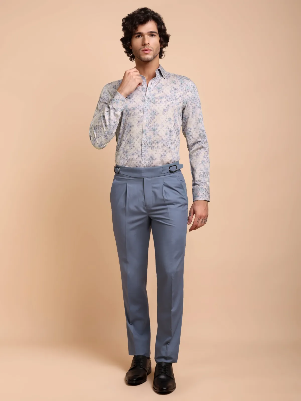 Vintage Vibes on Beige Base - Porcelain Bleu Pure Cotton Shirt