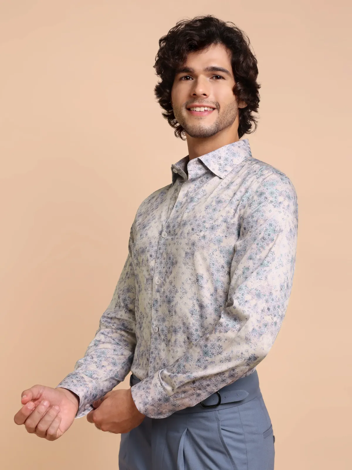 Vintage Vibes on Beige Base - Porcelain Bleu Pure Cotton Shirt