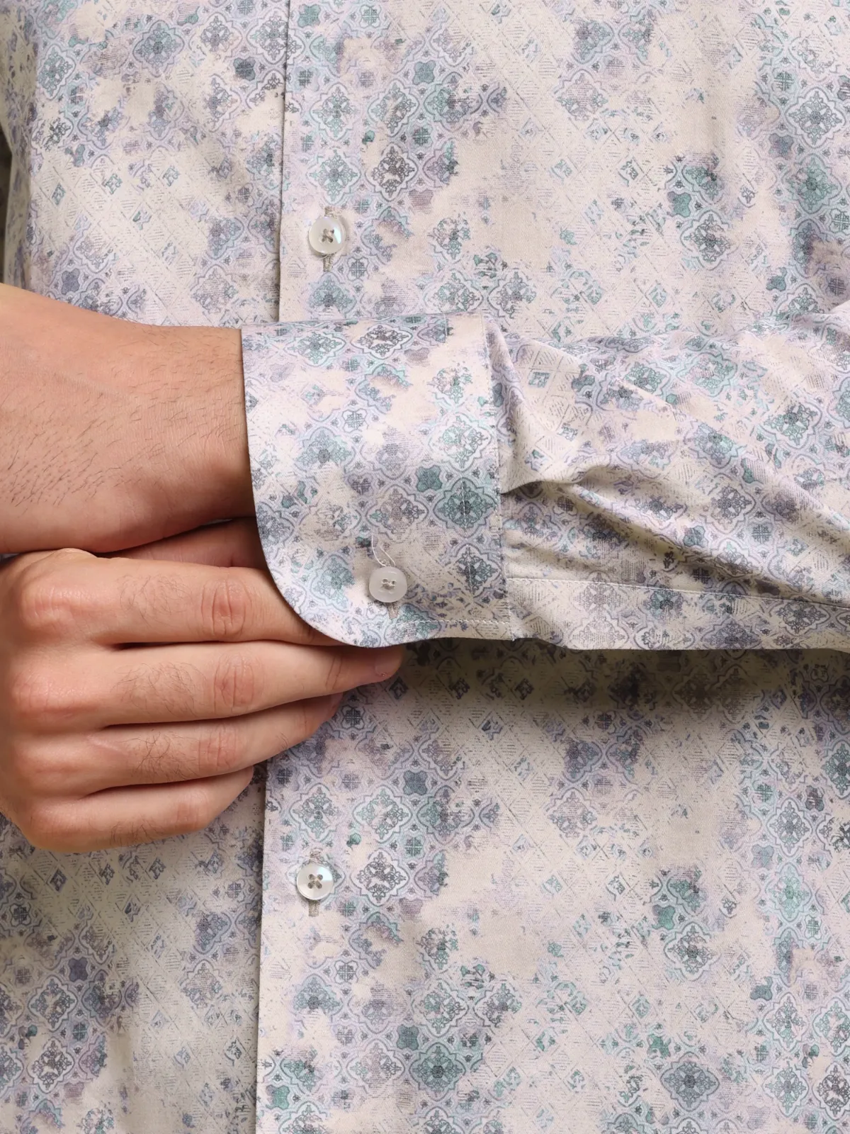 Vintage Vibes on Beige Base - Porcelain Bleu Pure Cotton Shirt