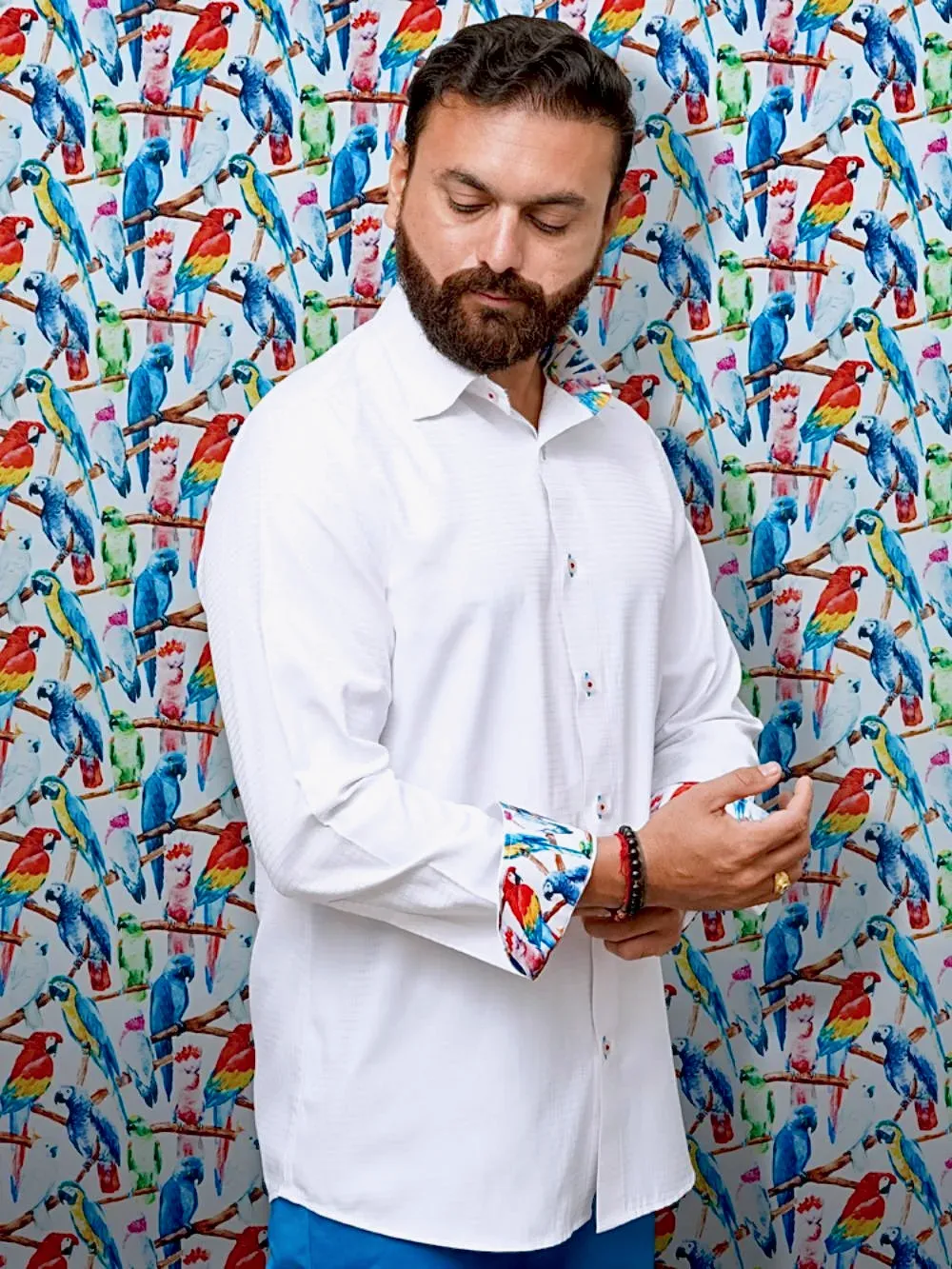 White Shirt with Signature Satin Accent - Birds