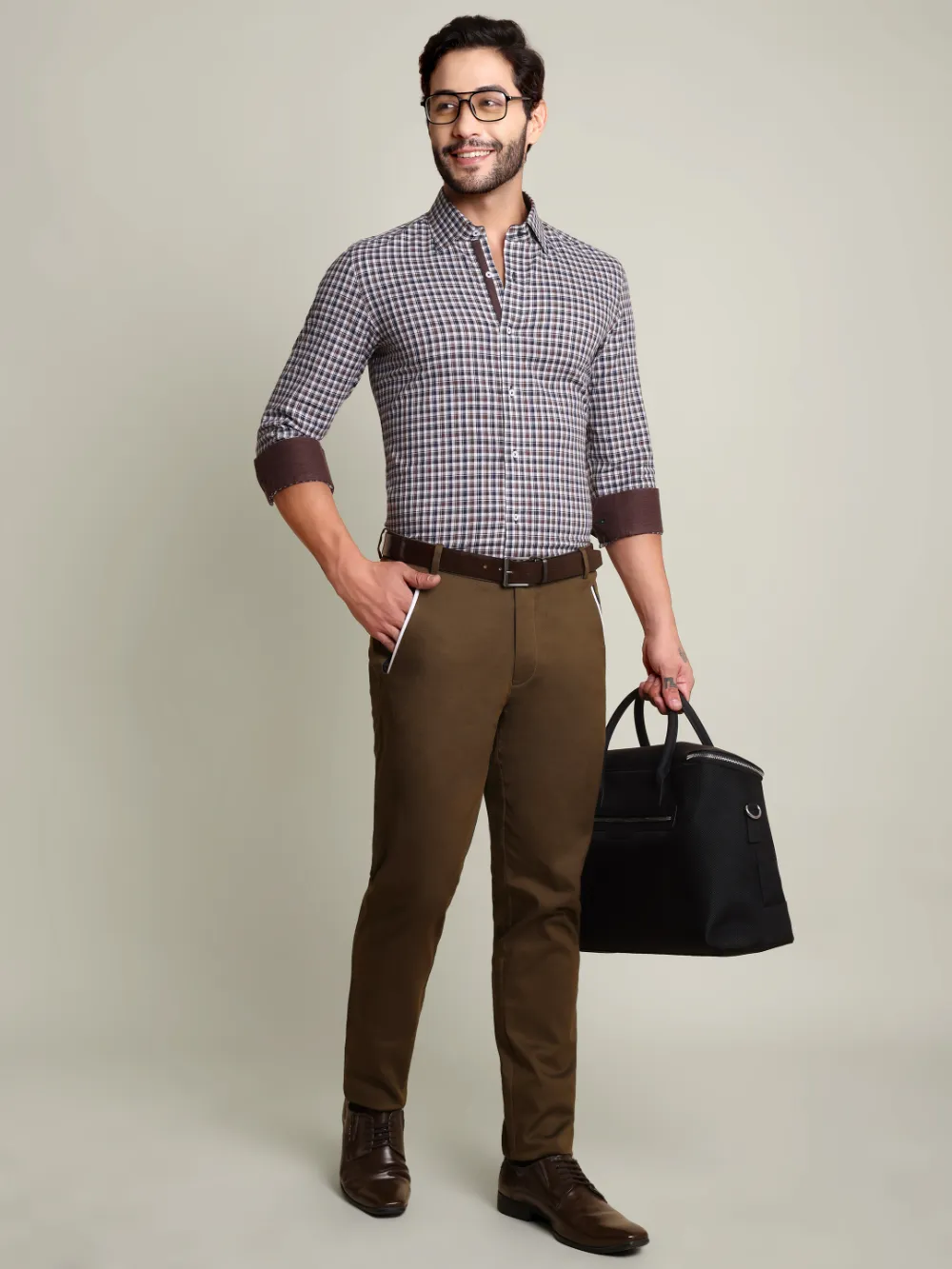 Brown and Navy Grid Shirt with Stretch Brown Chino Designer Pair