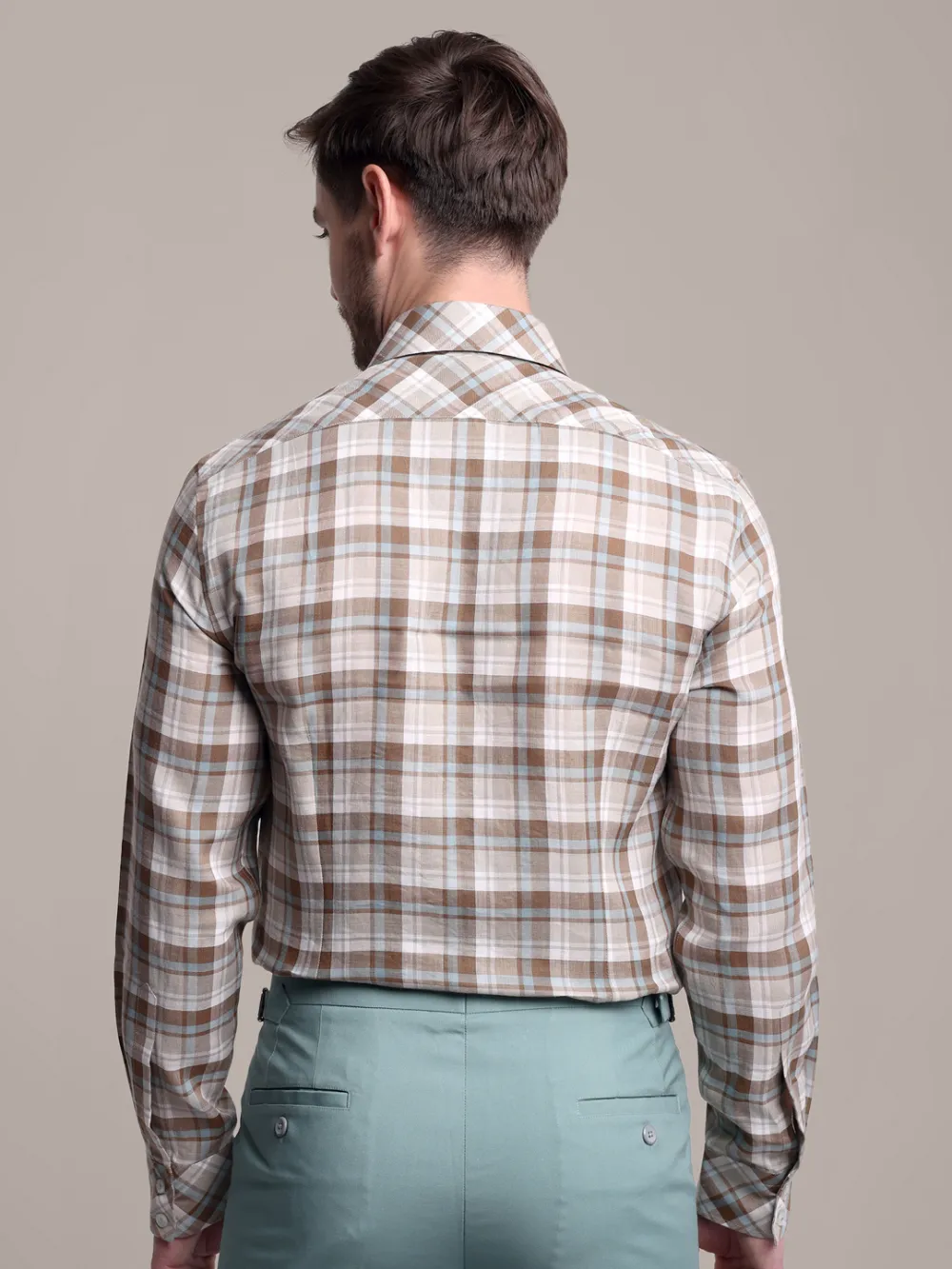 Designer Pair of Hemp Grid Shirt with Plain Light Olive Trousers