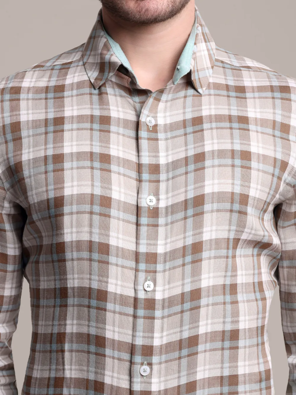 Designer Pair of Hemp Grid Shirt with Plain Light Olive Trousers