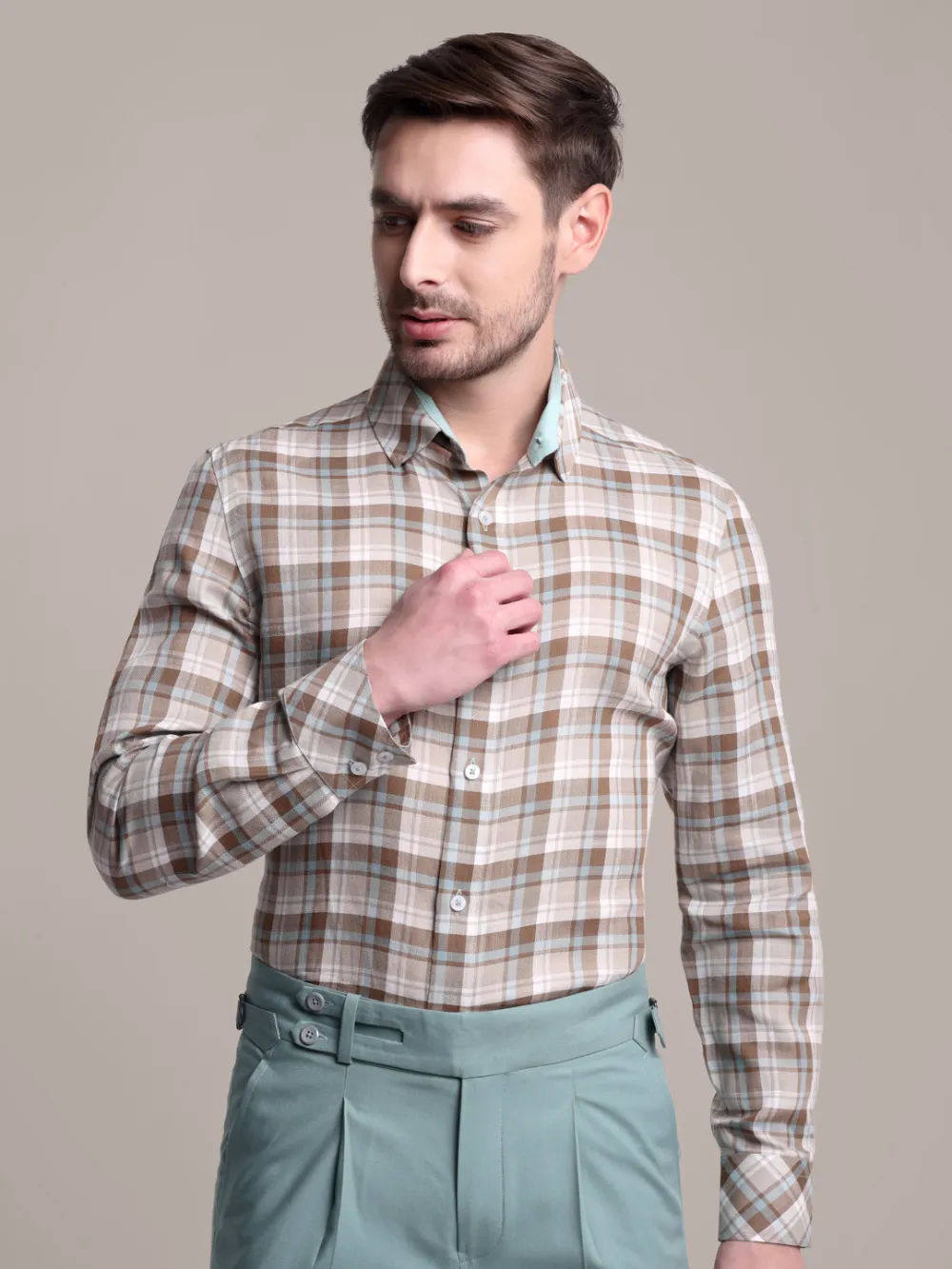 Designer Pair of Hemp Grid Shirt with Plain Light Olive Trousers