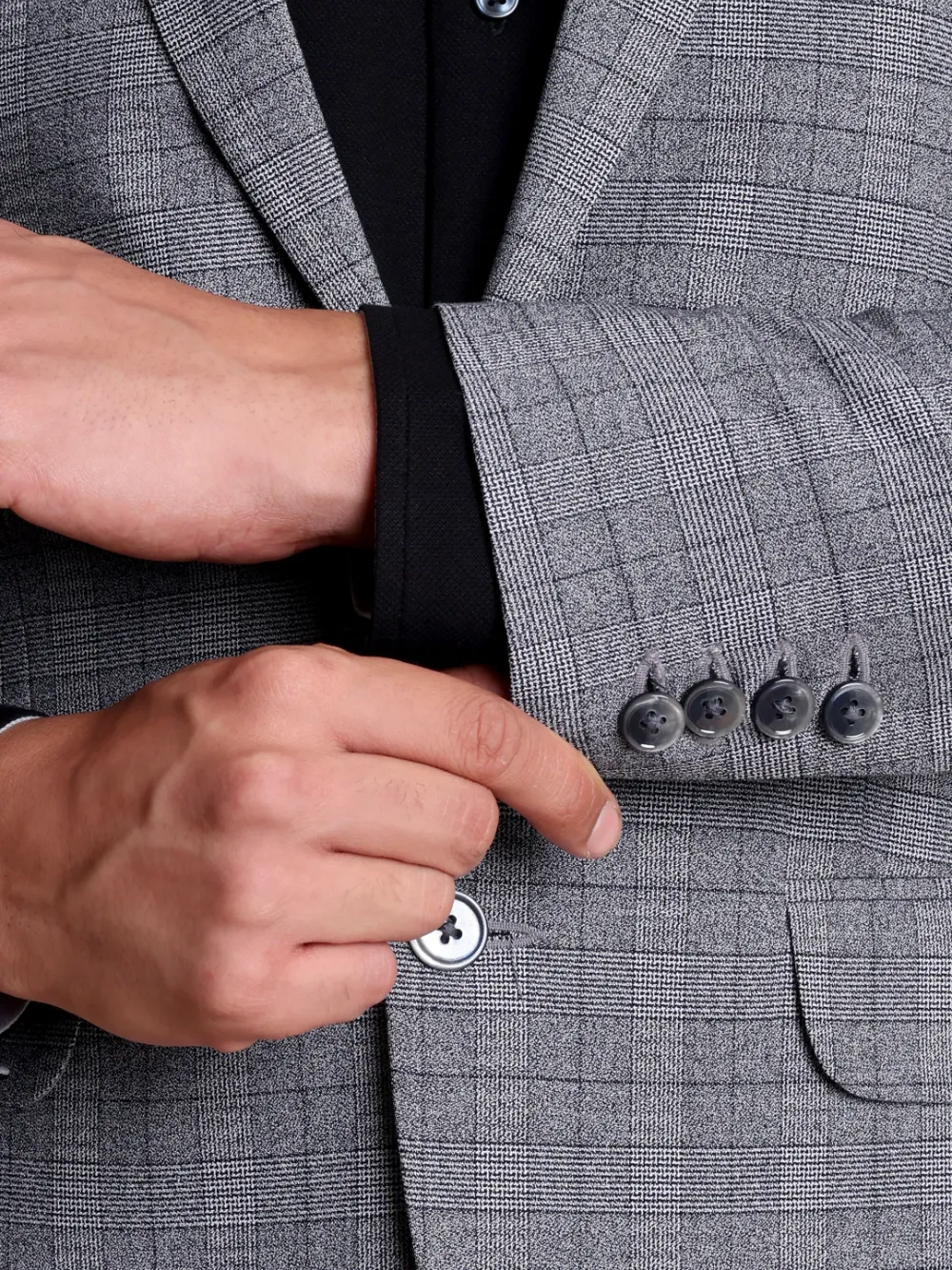 Luxury Wool Polyester Blend Suit with Plaid Weave ? Gray with Black Grid