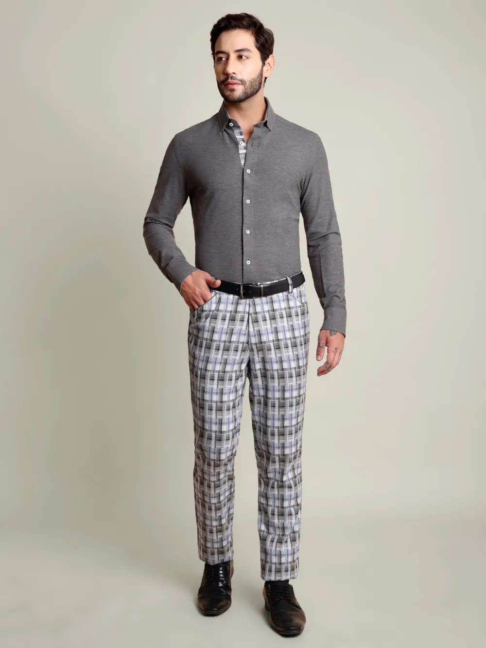 Pure cotton Extra stretch Shirt and Viscose Grid Trousers Designer Pair