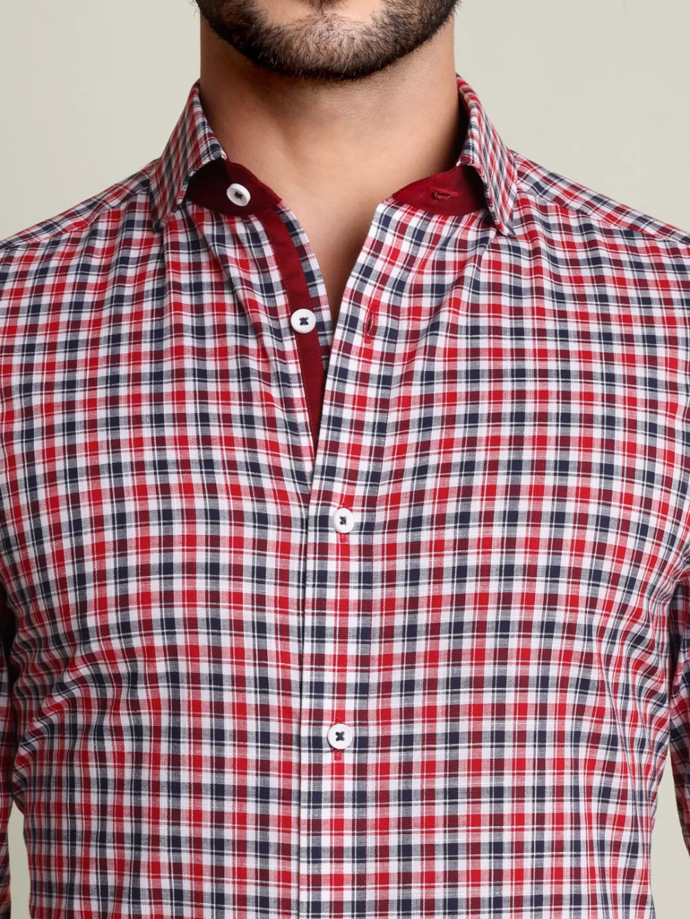 Maroon and Navy Grid Shirt with Stretch Navy Chino Designer Pair