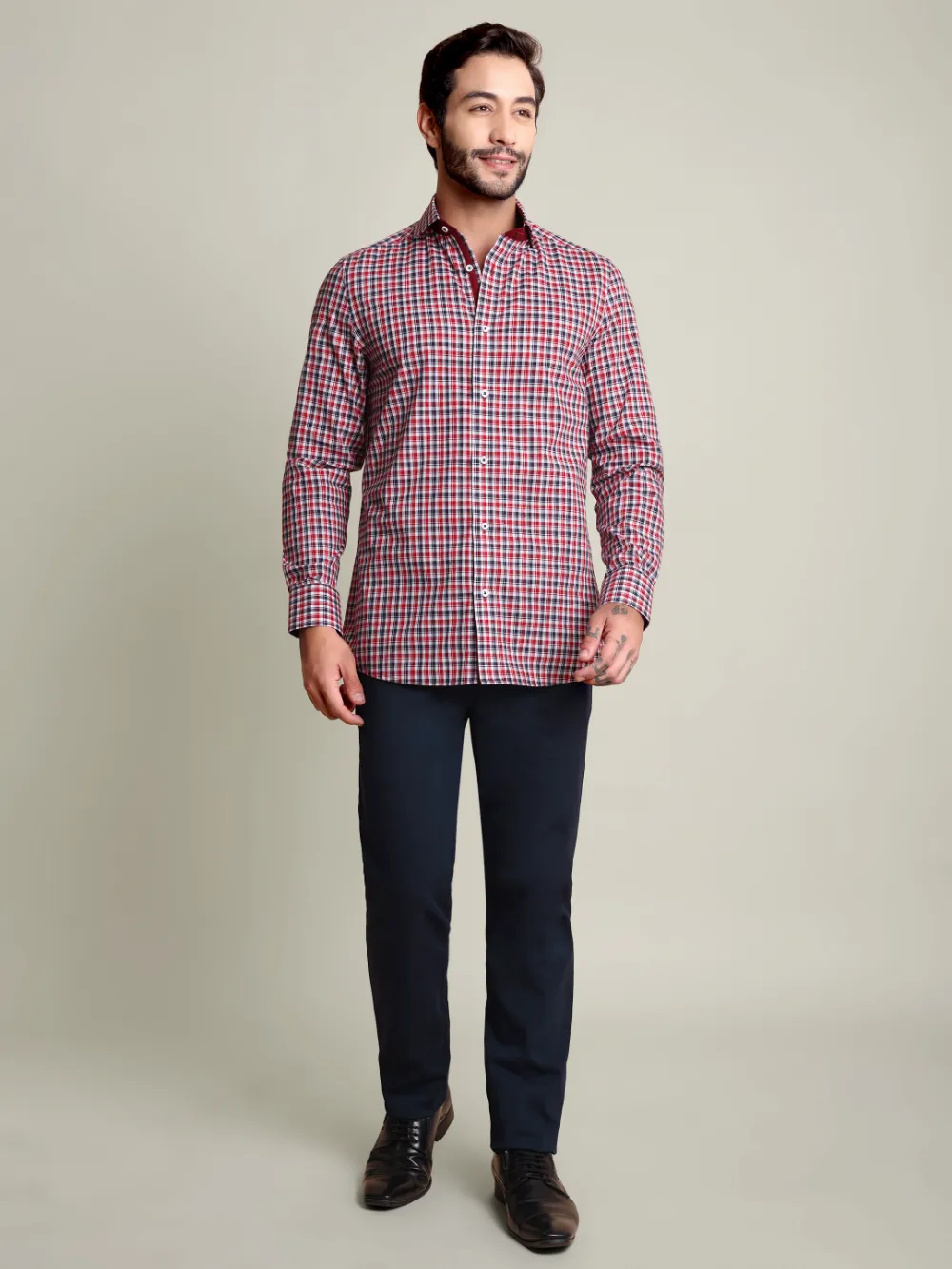 Maroon and Navy Grid Shirt with Stretch Navy Chino Designer Pair