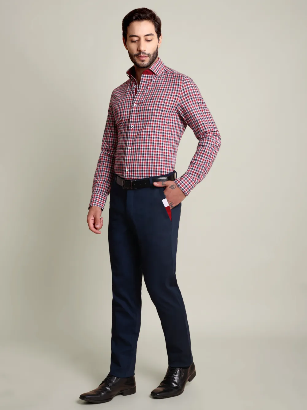Maroon Checked Pure Cotton Shirt with Contrast Details