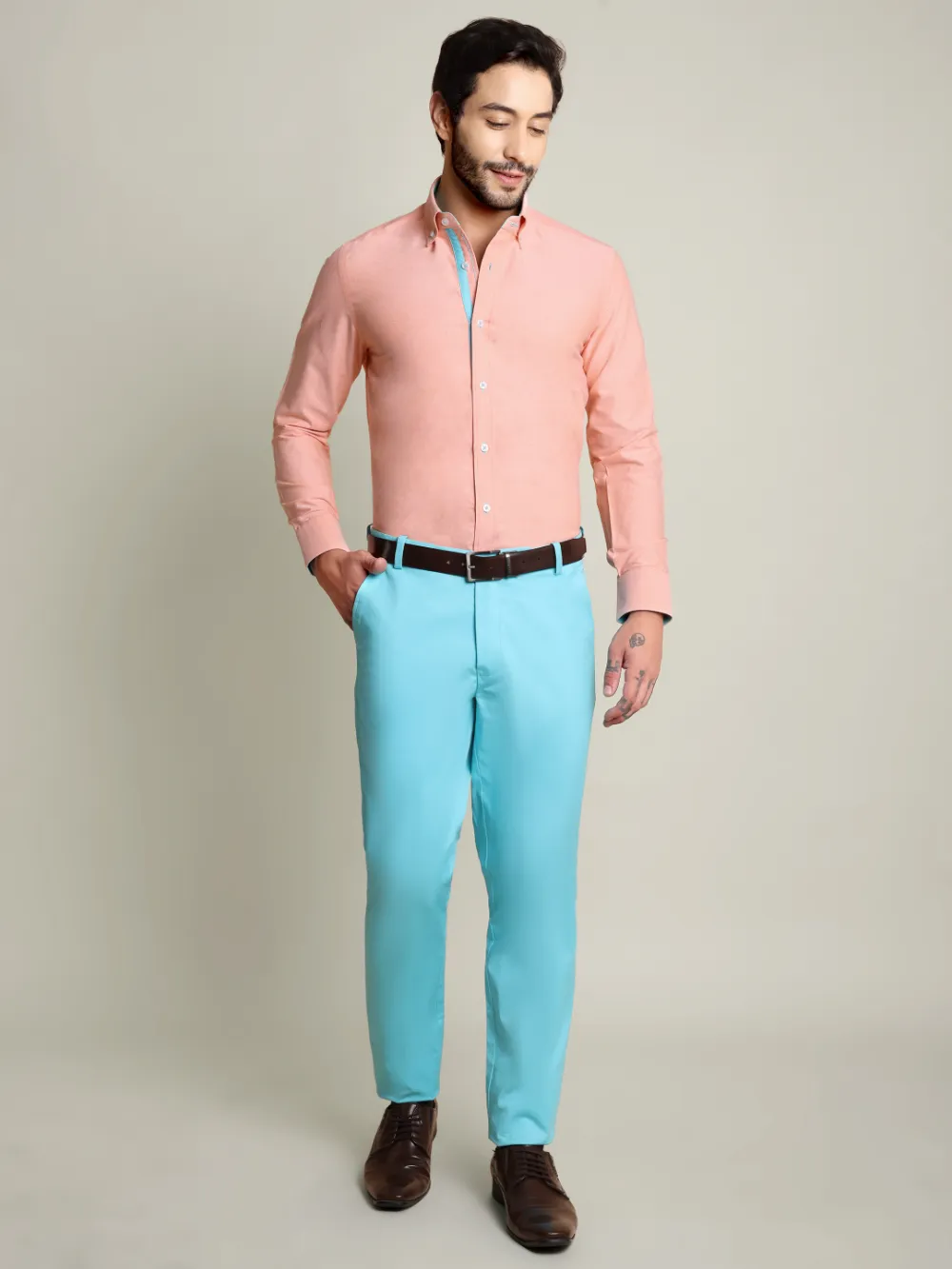 Peach Orange Oxford Shirt and Cotton Turquoise Chino Pair